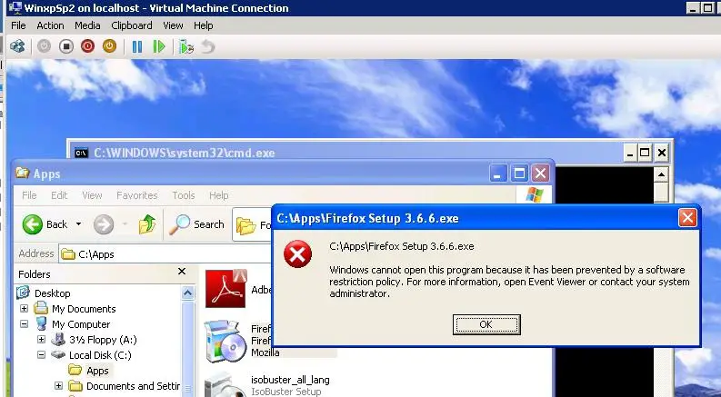 WinxpSp2 on localhost – Virtual Machine Connection C:AppsFirefox Setup 3.6.6.exe